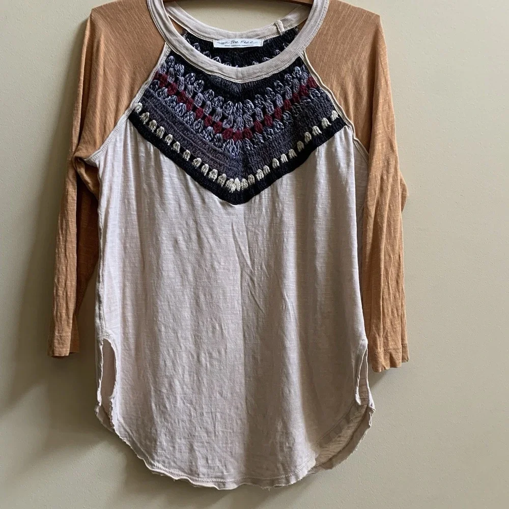 We the Free People Spring Bound Crochet Yoke Linen Blend Top Boho Women's SZ - S